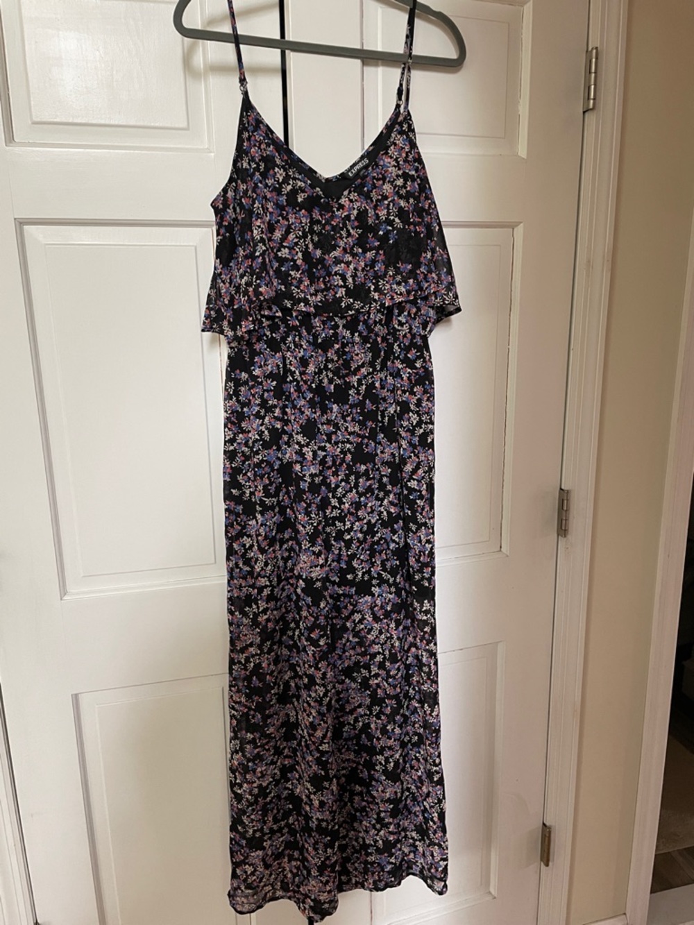 Express Black Floral Maxi Dress with Pink & Purple Blossoms